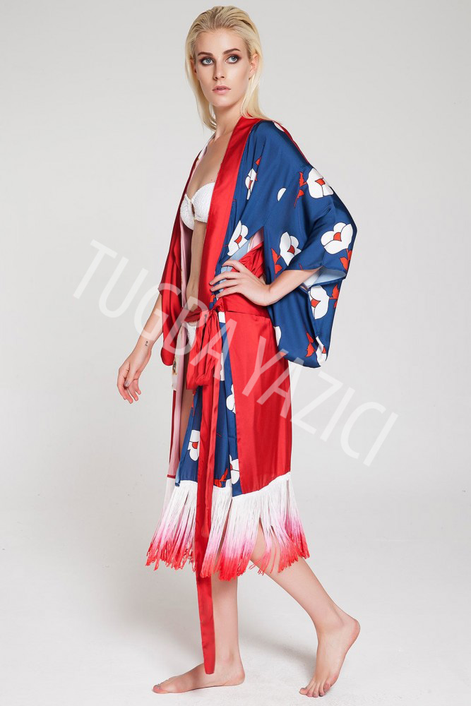 Kırmızı Mavi Kısa Püsküllü Kimono