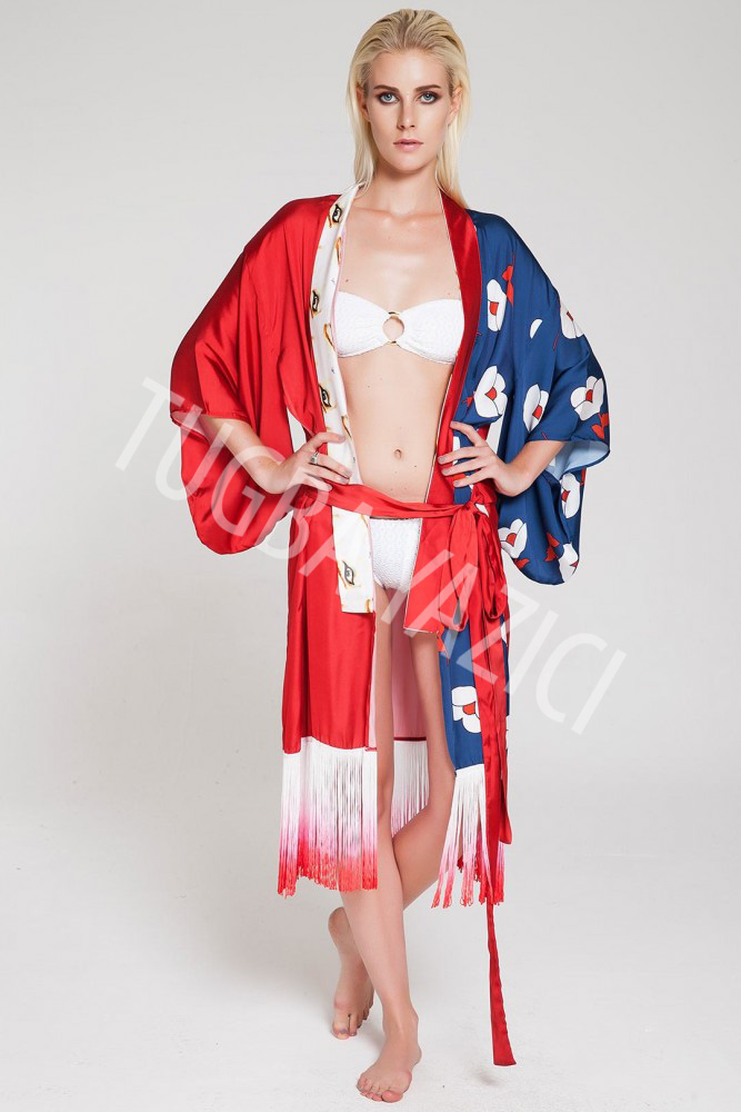 Kırmızı Mavi Kısa Püsküllü Kimono
