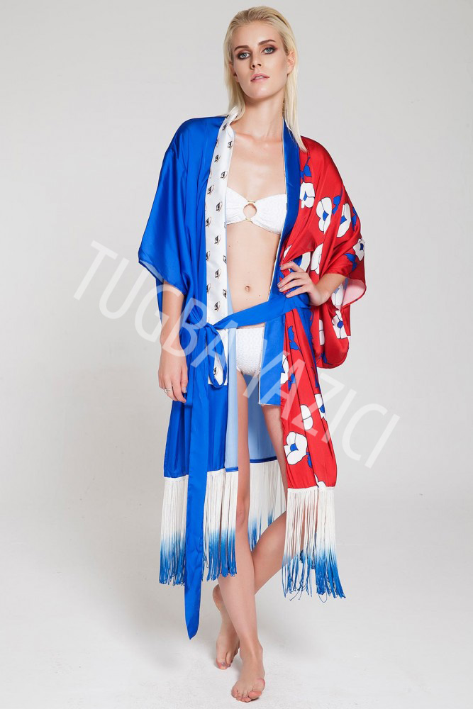 Kısa Püsküllü Saks Mavi Kırmızı Kimono
